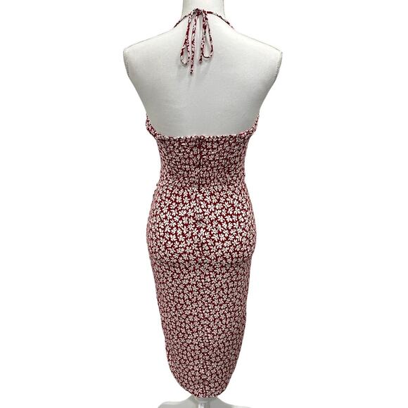 Reformation Rayna Red White Floral Halter Midi Dress Grenadine Cottage Pinup Mod - Picture 3 of 10